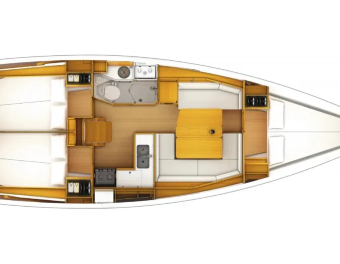 Plan d'aménagement des voiliers sun odyssey 379, 3 cabines doubles, salle de bain.