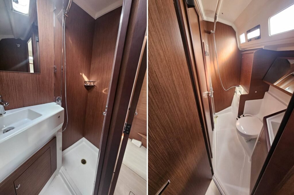 Deux salles de bain avec douche. Une dans la cabine propriétaire et une dans le carré.