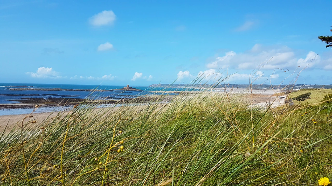 Paysage sauvage à l'ouest de l'ile de Jersey avec à l'arrière plan une ruine de défense.