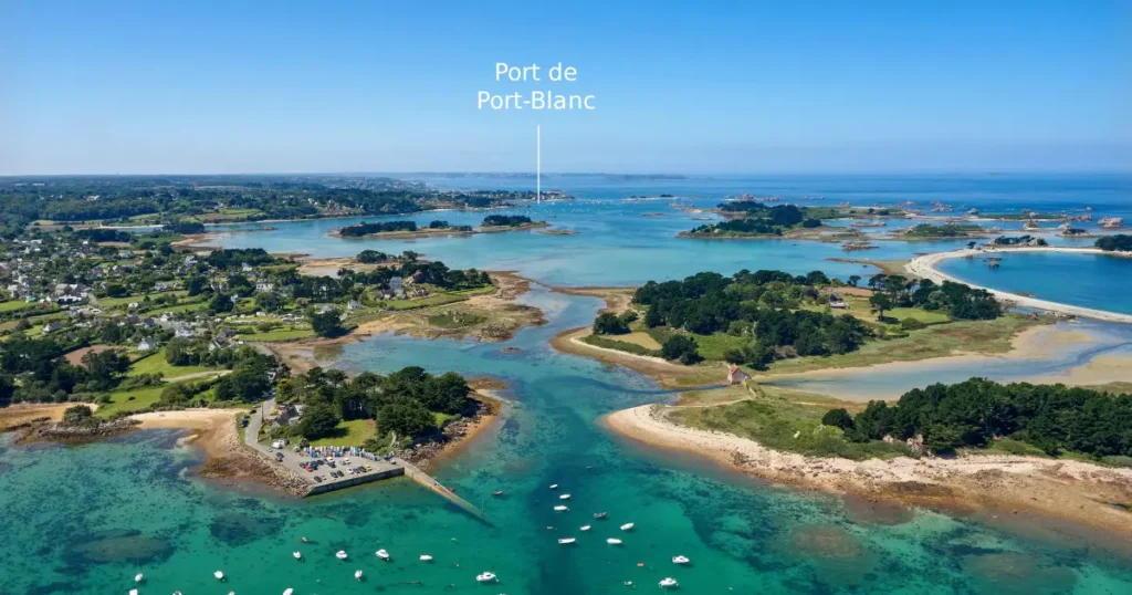Vue aérienne des îles et des mouillages autour de Port-Blanc à Penvénan, Côtes-d’Armor